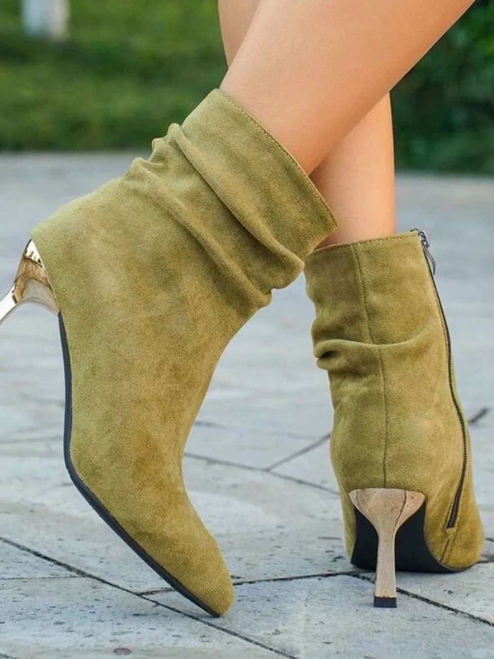 Olive Green Suede Pointed Toe Ankle Boots with Metallic Heel